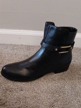 Isaac Mizrahi Black Leather Ankle Boot with Gold Hardware